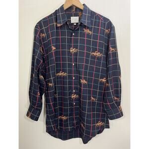 Vtg Equestrian Horses Window Pane Plaid Old Money Luxe Preppy Shirt M Academia